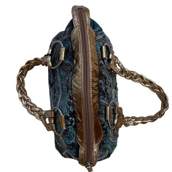 Womens Hand Bag Purse STUDDED EMBELLISHED Gems Embroidered Paisley Print Braided - Picture 3 of 14